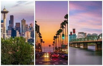 Collage of Seattle, Portland and San Diego skyline