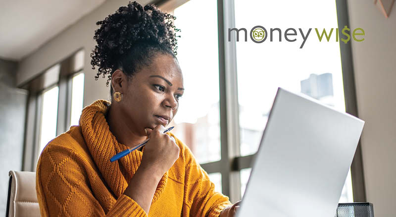 Person on laptop and moneywise logo