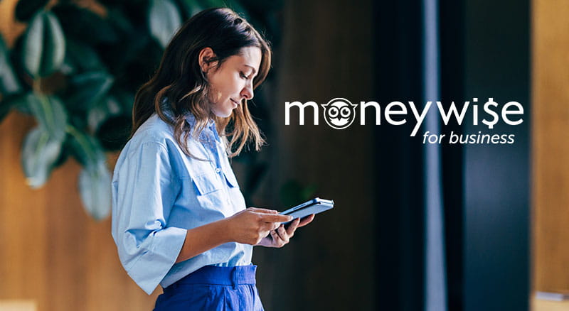 Person in office looking at device and Moneywise for business logo