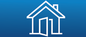 House with an open door icon on a blue background