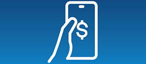 Icon of a hand holding a phone with dollar icon on blue background