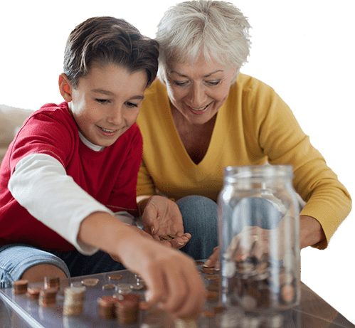 a grandma and child save coins
